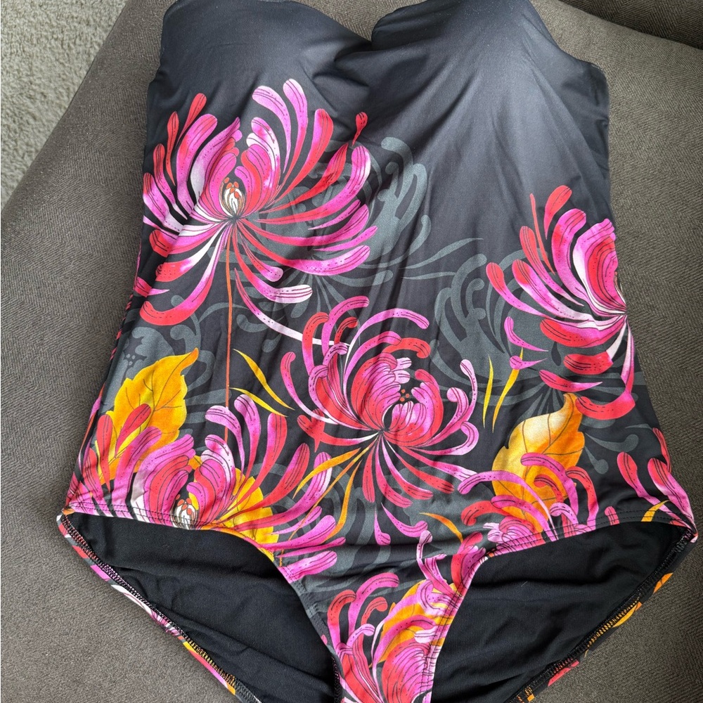 Floral Black One-Piece Bandeau Swimsuit